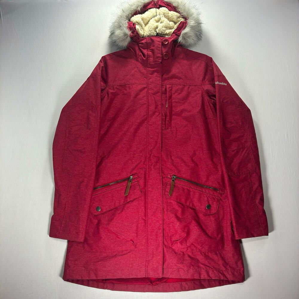 Columbia Interchange Women’s S Red Hooded Mid-Length Parka Coat Faux Fur 3 in 1